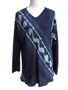 Shamask Blue Snakeskin Print V Neck Silk Blouse NWT $695